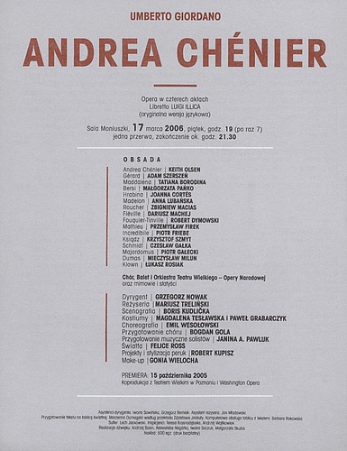 Wkładka obsadowa „Andrea Chénier” Umberto Giordano 17-03-2006