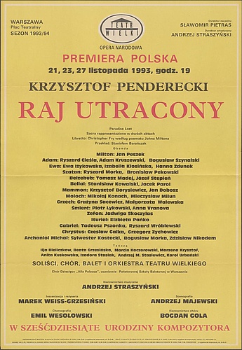 Afisz premierowy „Raj Utracony” Krzysztof Penderecki. 21-11-1993, 23-11-1993, 27-11-1993 W sześciedziesiąte urodziny kompozytora