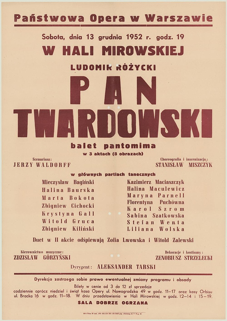Afisz obsadowy. „Pan Twardowski” Ludomir Różycki 1952-12-13