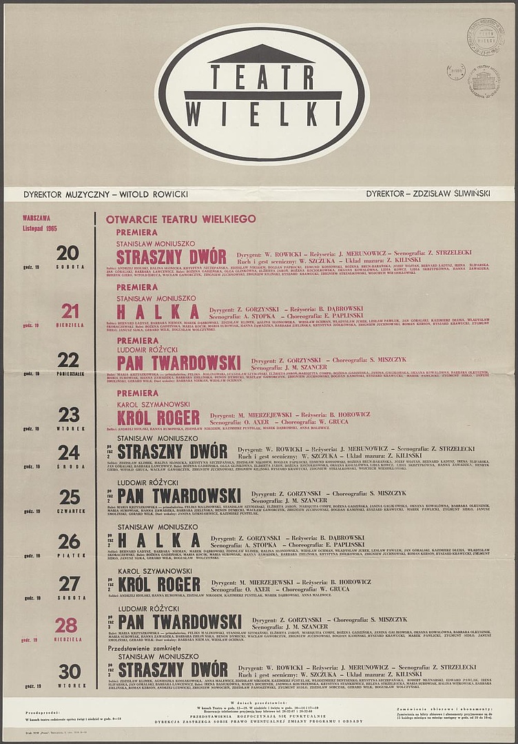 Afisz repertaurowy. 20.11.1965 – 30.11.1965