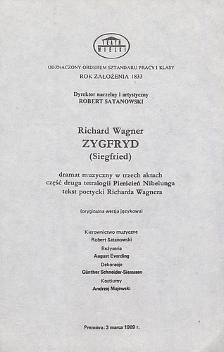 Wkładka premierowa „Zygfryd” Richard Wagner 03-03-1989