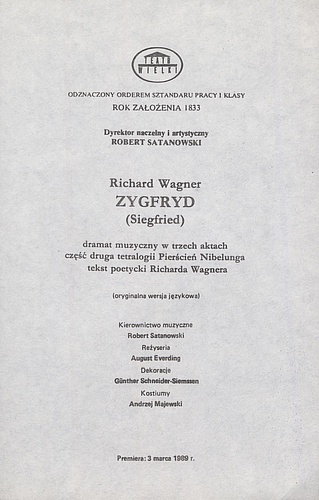 Wkładka obsadowa „Zygfryd” Richard Wagner 09-05-1989