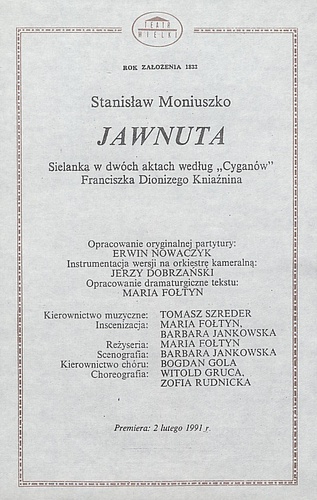 Wkładka obsadowa.„Jawnuta” Stanisław Moniuszko 03-02-1991