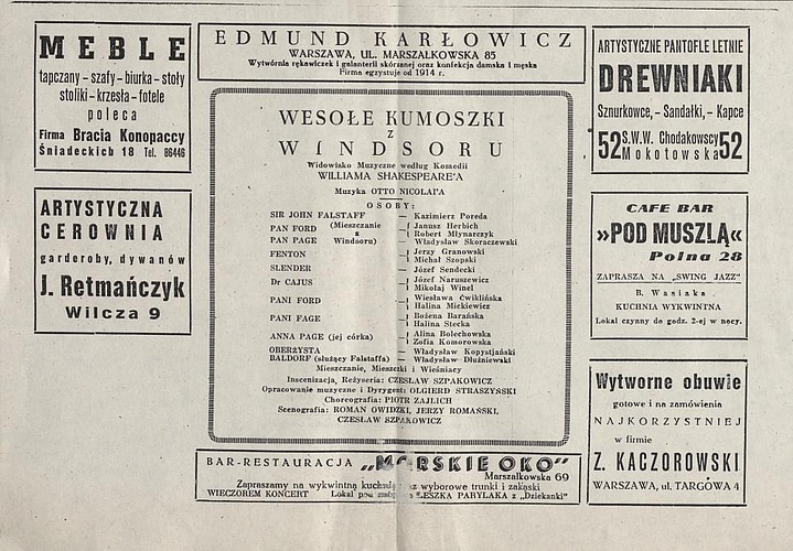 Wkładka Obsadowa. „Wesołe Kumoszki z Windsoru” Otto Nicolai 26-04-1947