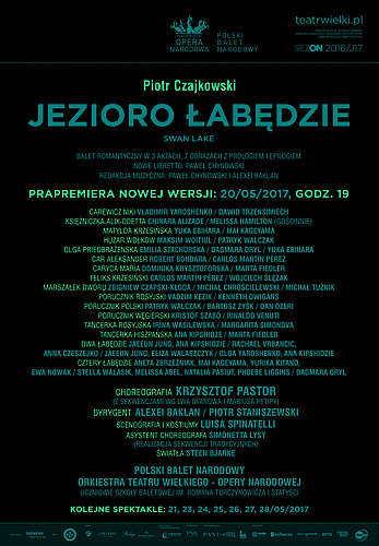 Afisz "Jezioro łabędzie" Piotr Czajkowski / Krzysztof Pastor prapremiera nowej wersji 2017-05-20