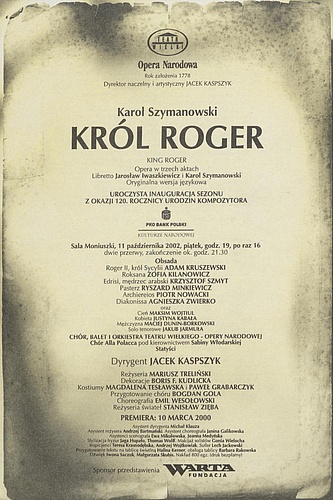 Wkładka obsadowa „Król Roger” Karol Szymanowski 11-10-2002