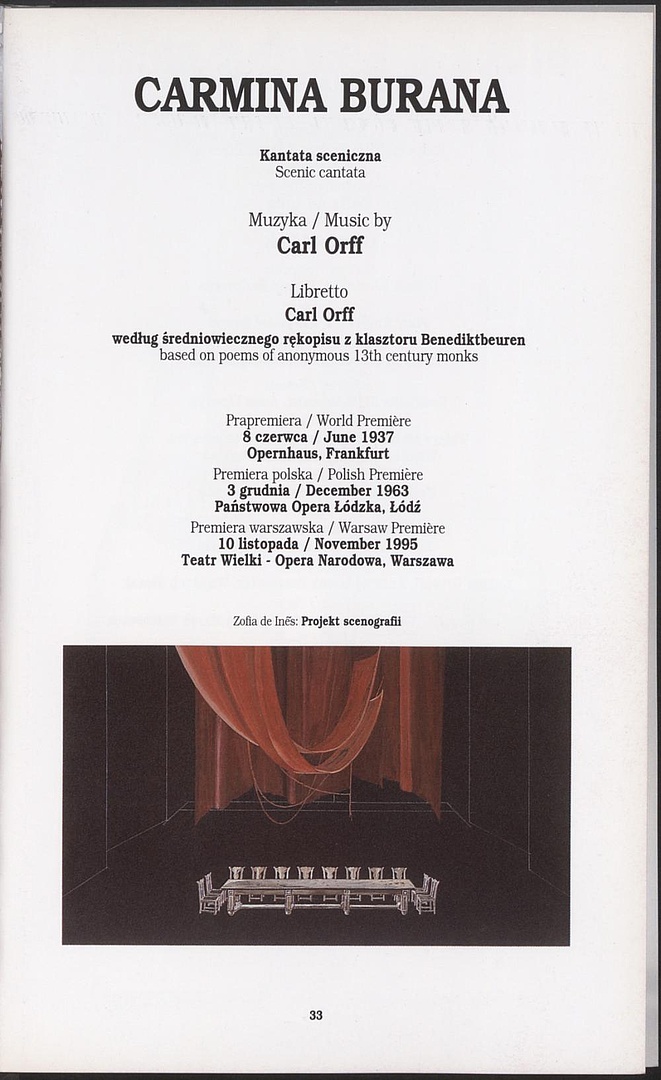 Program. Projekt scenografii Zofia de Ines. „Carmina Burana” Carl Orff 1995-11-10