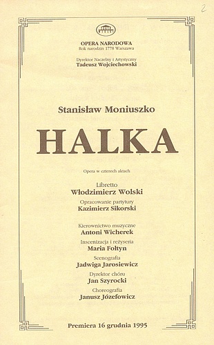 Wkładka obsadowa II premiera „Halka” Stanisław Moniuszko 19-12-1995