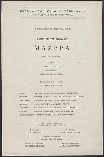 Wkładka obsadowa. „Mazepa” Tadeusz Szeligowski 1958-11-27