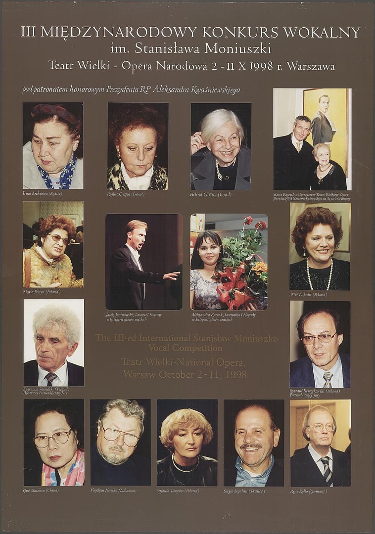 III Międzynarodowy Konkurs Wokalny im. Stanisława Moniuszki 02-10-1998 – 11-10-1998 pod patronatem prezydent RP Aleksandra Kwaśniewskiego