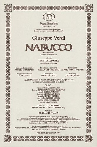 Wkładka obsadowa „Nabucco” Giuseppe Verdi 19-03-1999