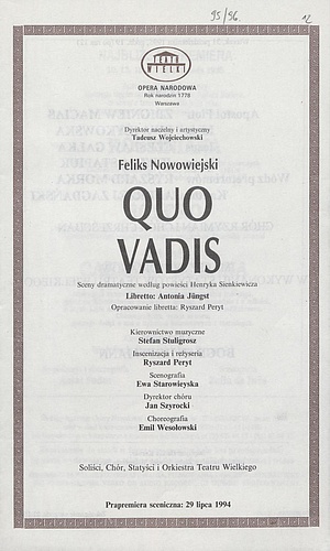 Wkładka obsadowa „Quo Vadis” - Feliks Nowowiejski 31-10-1995