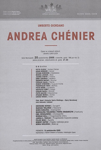 Wkładka obsadowa „Andrea Chénier” Umberto Giordano 20-10-2005