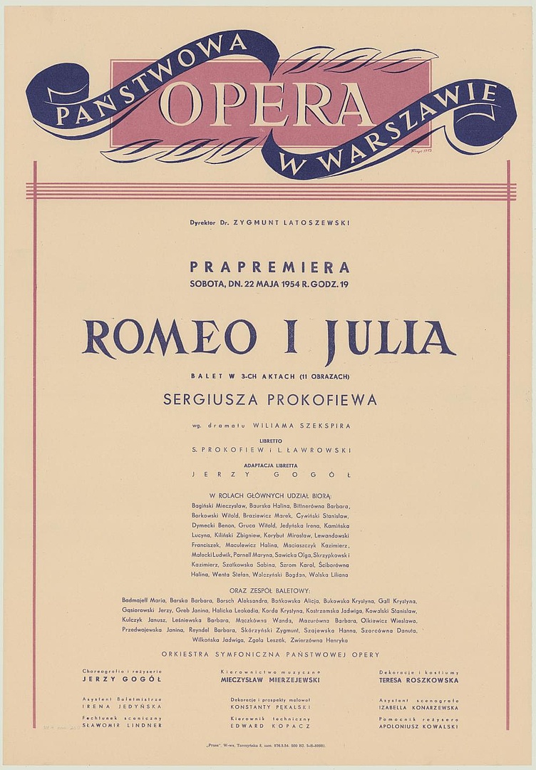 Afisz Premierowy. „Romeo i Julia” Siergiej Prokofiew 1954-05-22