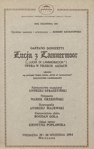 Wkładka Obsadowa "Łucja z Lammermoor" Gaetano Donizetti 16-02-1985
