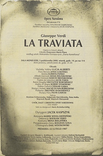 Wkładka Obsadowa "Traviata" Giuseppe Verdi 03-10-2000