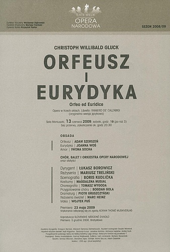 Wkładka obsadowa „Orfeusz i Eurydyka” Christoph Willibald Gluck 13-06-2009