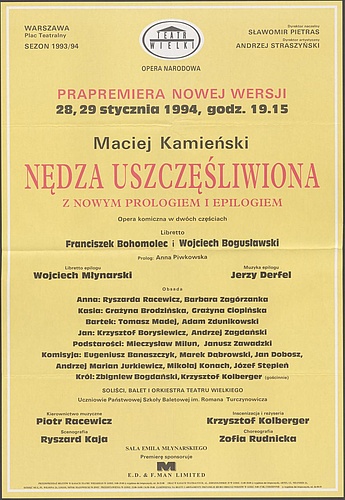 Afisz prapremiery nowej wersji „Nędzy uszczęśliwionej” Macieja Kamieńskiego, 28-01-1994, 29-01-1994