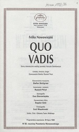 Wkładka obsadowa „Quo Vadis” - Feliks Nowowiejski 29-07-1994