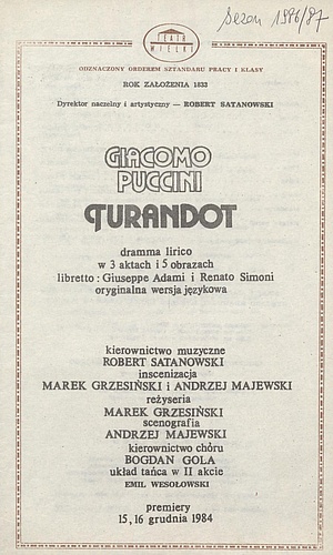 Wkładka obsadowa „Turandot” Giacomo Puccini 23-09-1986