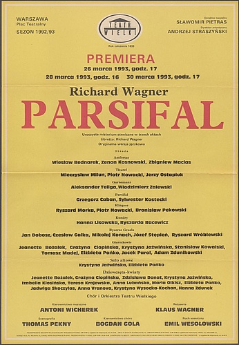Afisz premierowy „Parsifal” Richard Wagner 26-03-1993, 28-03-1993, 30-03-1993
