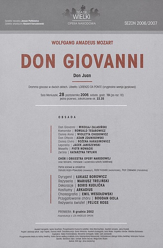 Wkładka obsadowa „Don Giovanni” Wolfgang Amadeusz Mozart 28-10-2006
