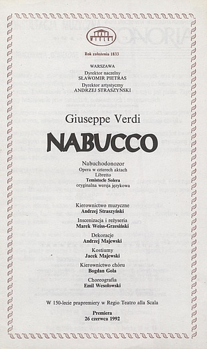 Wkładka premierowa II „Nabucco” Giuseppe Verdi 27-06-1992