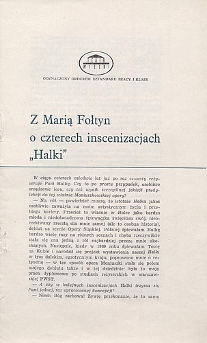 Program „Halka” Stanisław Moniuszko 26-10-1975 Rozmowa z Realizatorami przedstawieniami Marią Fołtyn, Andrzejem Majewskim