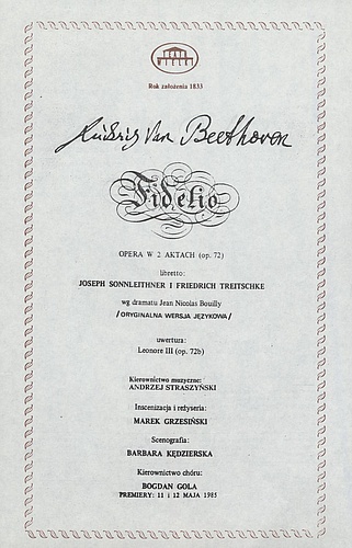 Wkładka obsadowa „Fidelio” Ludwig van Beethoven 26-01-1992