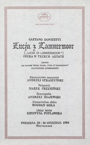 Wkładka Obsadowa "Łucja z Lammermoor" Gaetano Donizetti 14-05-1992