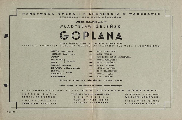 Wkładka Obsadowa. ,,Goplana", Władysław Żeleński, 25-04-1950