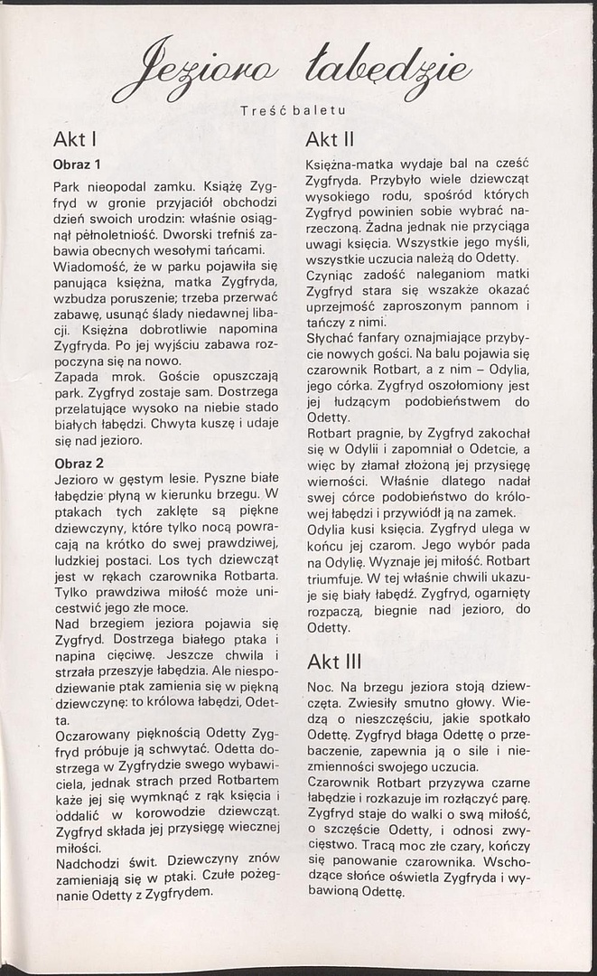 Program. „Jezioro łabędzie” Piotr Czajkowski 1985-12-07