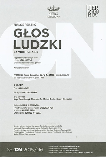 Wkładka obsadowa „Głos ludzki” Francis Poulenc, premiera  2016-04-16