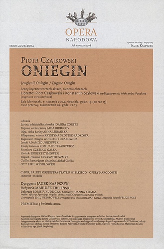 Wkładka obsadowa „Oniegin” Piotr Czajkowski 11-01-2004