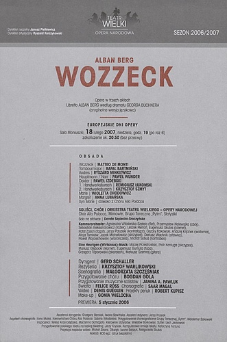 Wkładka obsadowa „Wozzeck” Alban Berg 18-02-2007 Europejskie dni opery