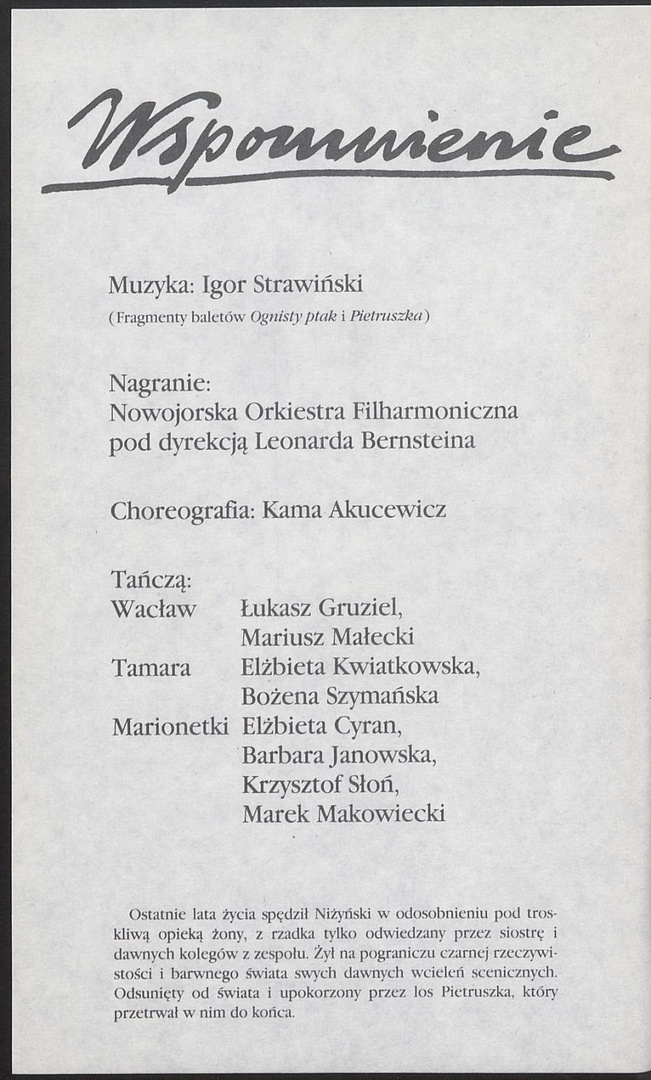Program. „Wspomnienie” Igor Strawiński 1989-05-26