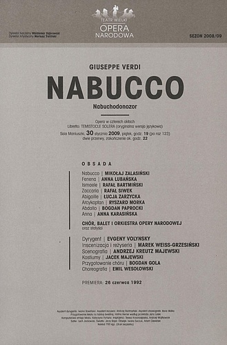 Wkładka obsadowa „Nabucco” Giuseppe Verdi 30-01-2009