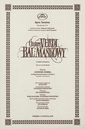 Wkładka obsadowa. „Bal Maskowy” Giuseppe Verdi 20-05-1999. Dzień Artysty Śpiewaka