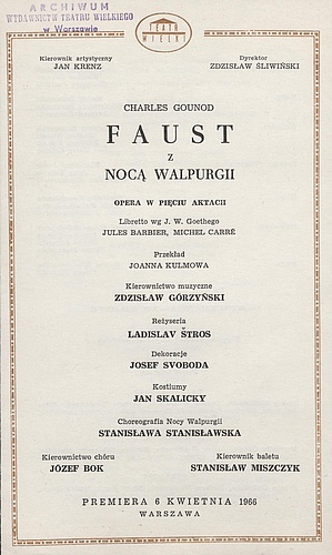 „Faust z Nocą Walpurgii” Charles Gounoud 06-04-1966, Wkładka obsadowa premierowa