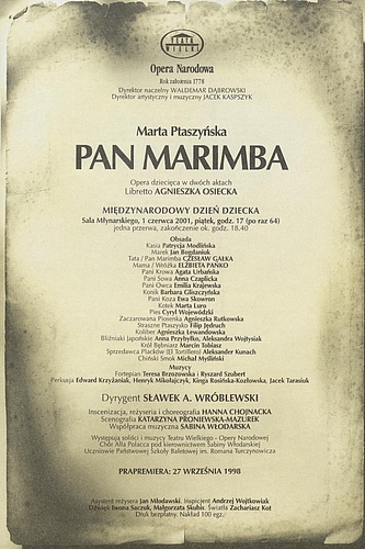 Wkładka Obsadowa „Pan Marimba” Marta Ptaszyńska 01-06-2001