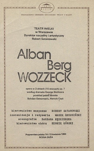 Wkładka obsadowa „Wozzeck” Alban Berg 16-05-1984