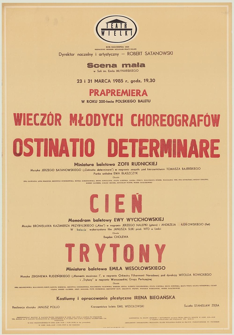Afisz premierowy. „Ostinatio determinare” Jerzy Satanowski 1985-03-23