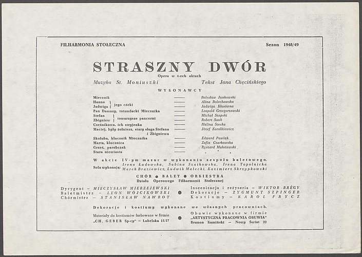 Wkładka obsadowa „Straszny dwór” Stanisław Moniuszko