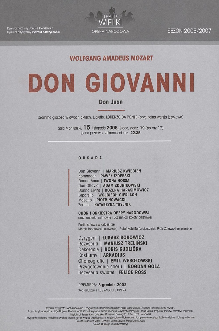Wkładka obsadowa „Don Giovanni” Wolfgang Amadeusz Mozart 15-11-2006