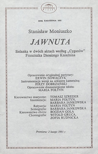 Wkładka obsadowa.„Jawnuta” Stanisław Moniuszko 02-02-1991