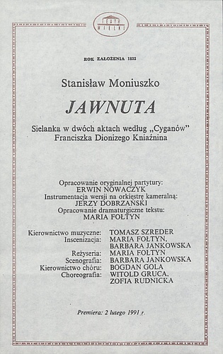 Wkładka obsadowa.„Jawnuta” Stanisław Moniuszko 20-04-1991