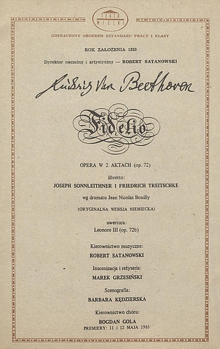 Wkładka obsadowa „Fidelio” Ludwig van Beethoven 29-09-1985