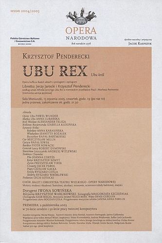Wkładka obsadowa „Ubu Rex” Krzysztof Penderecki 13-01-2005