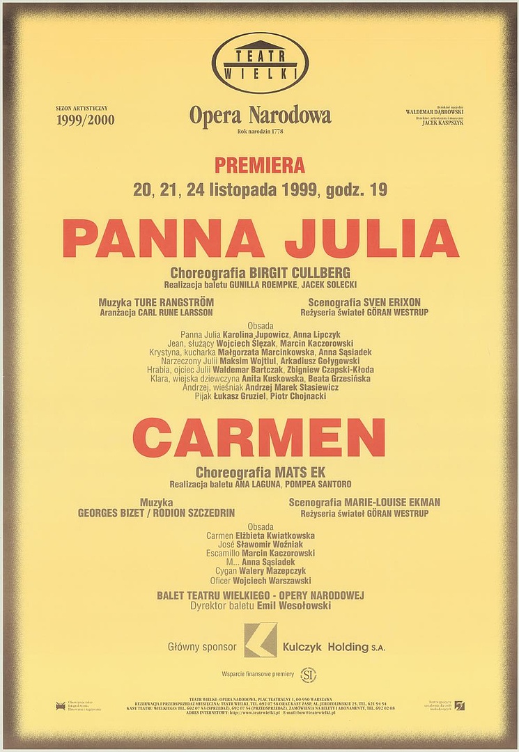 Afisz premierowy. „Panna Julia” Ture Rangström 1999-11-20
