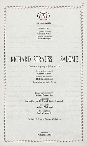 Wkładka premierowa B „Salome” Richard Strauss 10-01-1993